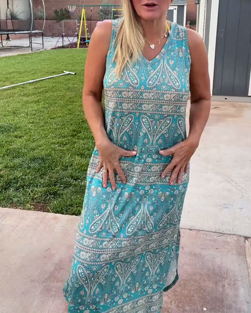 Ärmelloses Kleid mit V-Ausschnitt und Cashew-Blumen-Schlitz