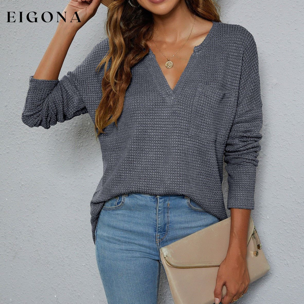 Dropped Shoulder High-Low Waffle-Knit Top Charcoal Changeable clothes long sleeve long sleeve shirts long sleeve top Ship From Overseas
