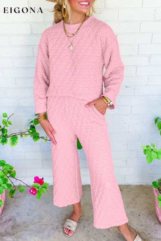 Pink Solid Quilted Pullover and Pants Outfit Apricot Powder 95%Polyester+5%Elastane All In Stock Best Sellers bottoms clothes Craft Quilted EDM Monthly Recomend Occasion Home Print Solid Color Season Winter sets Silhouette Wide Leg Style Casual sweater sweaters Sweatshirt Women's Bottoms