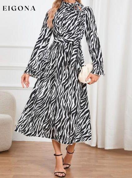 Animal Print Tie Front Ruffle Trim Long Sleeve Casual Maxi Midi Dress casual dresses clothes dress dresses H.Y.G@E long sleeve dress long sleeve dresses maxi dress Ship From Overseas