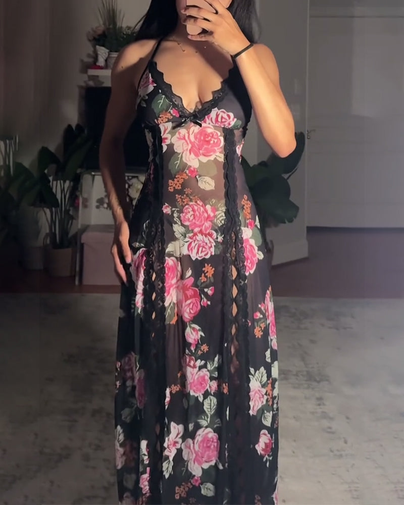 Sexy lace rose print slit dress lingerie