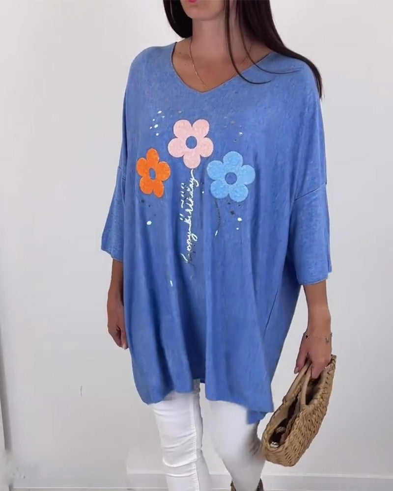 Casual floral print V-neck loose top 2024 f/w blouses & shirts spring