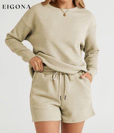 Double Take Full Size Texture Long Sleeve Top and Drawstring Shorts Set Clothes Double Take lounge lounge wear lounge wear sets loungewear loungewear sets sets Ship from USA