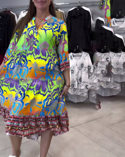 Lässiges Bohemian-Kleid mit V-Ausschnitt und Print