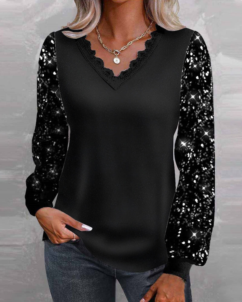 Casual solid color sequin V-neck top 2024 f/w blouses & shirts