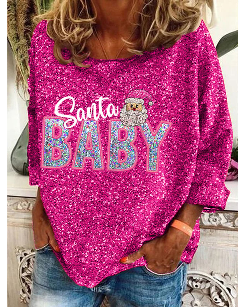 Women's Vintage Christmas Shiny Santa Baby Printed Long Sleeve Top 2024 f/w christmas hoodies & sweatshirts women's christmas