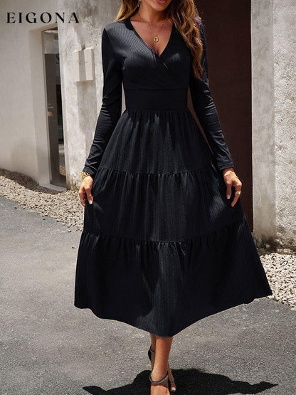Surplice Neck Long Sleeve Smocked Waist Midi Dress Black clothes DY Ship From Overseas trend