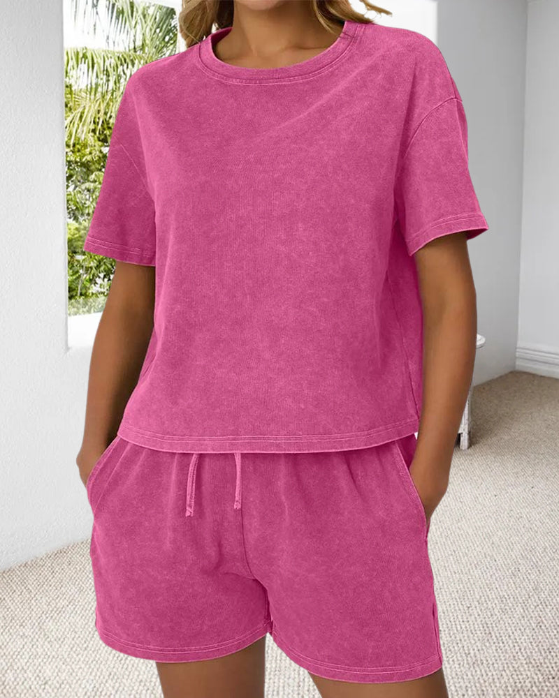 Washed Vintage Crew Neck Casual Set