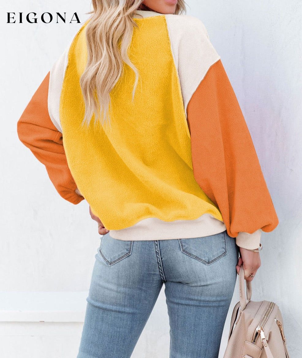 Orange Colorblock Long Sleeve Pullover Fleece Sweatshirt clothes Color Multicolor Color Orange Color Yellow Craft Patchwork EDM Monthly Recomend Fabric Fleece Hot picks Occasion Daily Print Color Block Season Winter Style Southern Belle