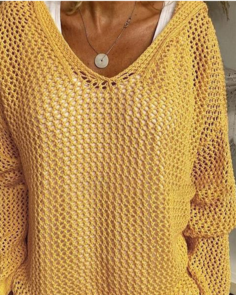 Dames Crochet Hollow Out Hooded Long Sleeve Tops
