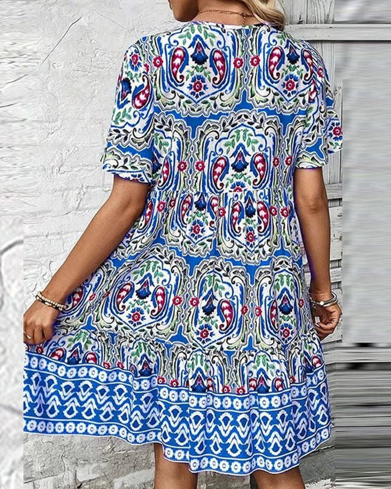 Ethnic style printed short-sleeve V-neck lace-up dress 202466 casual dresses summer