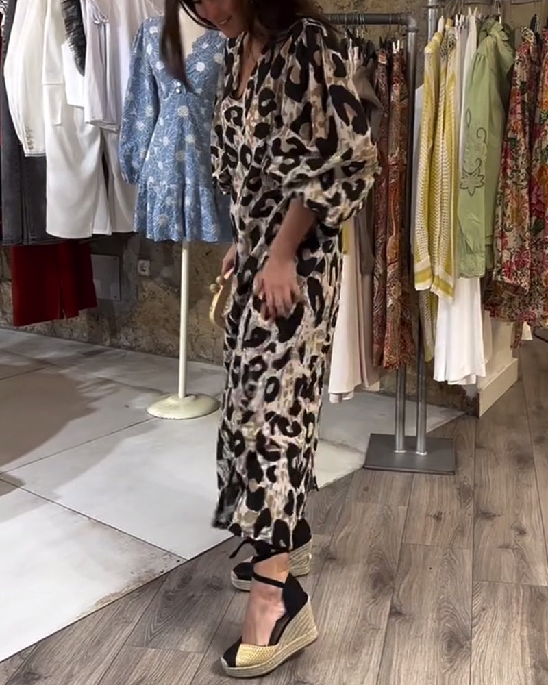 Leopard print balloon sleeve slit dress 202466 casual dresses spring summer