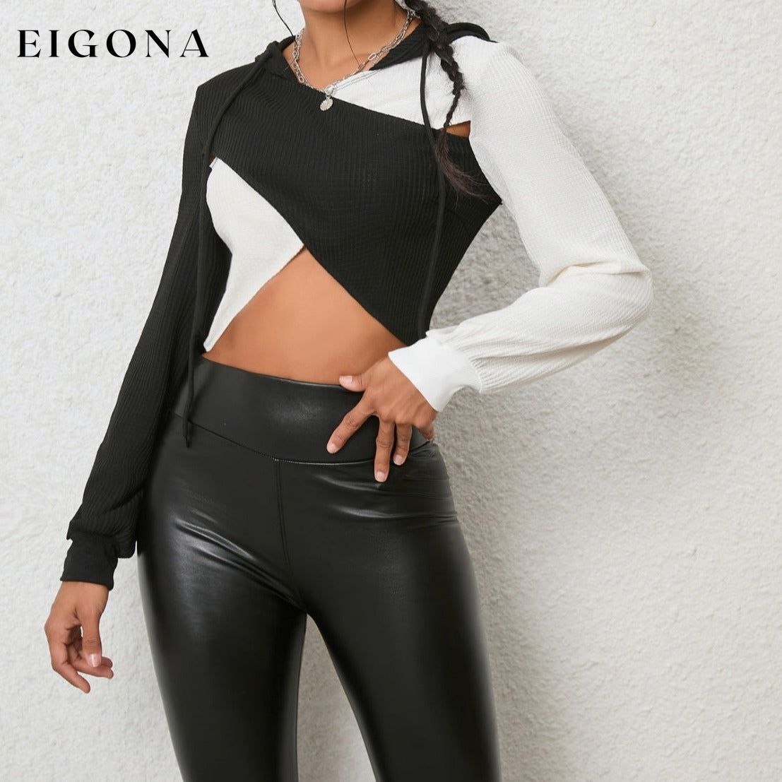 Two-Tone Crisscross Long Sleeve Hoodie Cropped Sweater CATHSNNA clothes Ship From Overseas Shipping Delay 09/29/2023 - 10/03/2023 Sweater sweaters