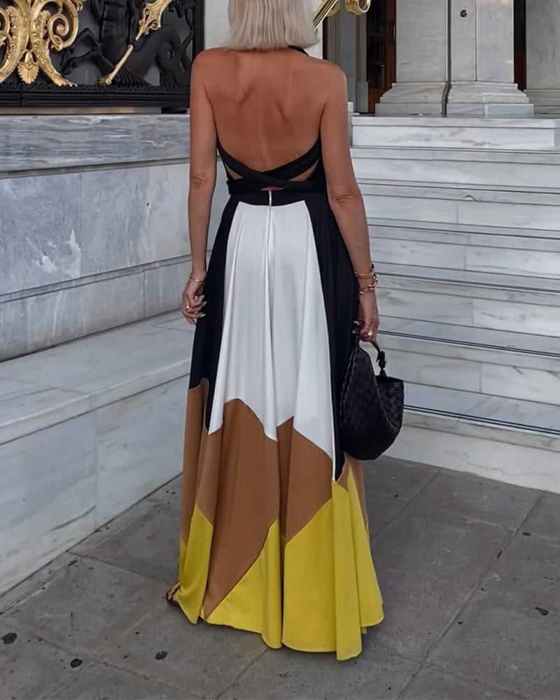 Sexy langes Kleid mit tiefem V-Ausschnitt und Kontrastdruck