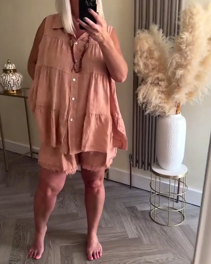 Sleeveless Lapel Button-Down Casual Shorts Suit