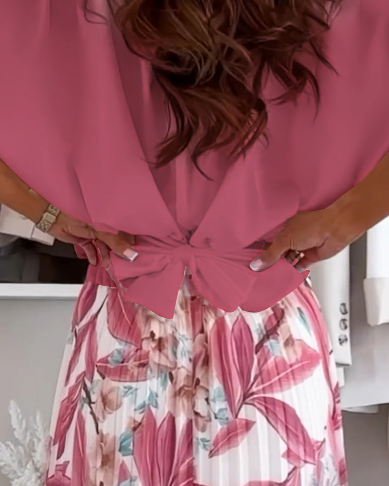 Camicetta a maniche corte con lacci in vita in tinta unita