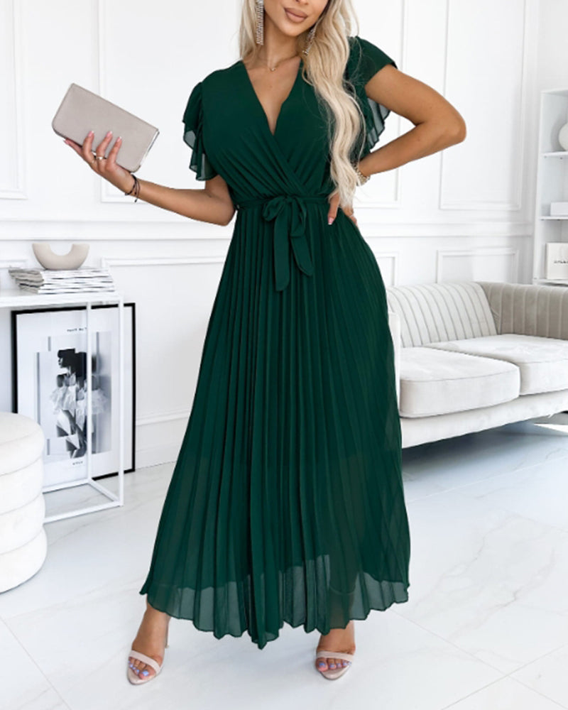 Solid color ruffled sleeves V-neck elegant dress Green casual dresses summer