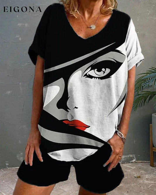 Short Sleeve Set in Figure Print Black 23BF clothes Short Sleeve Tops T-shirts Tops/Blouses Two-piece sets