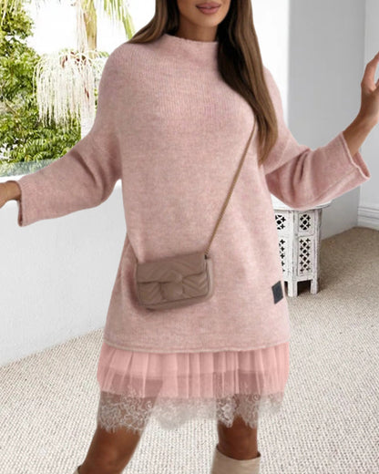 Lässiges, einfarbiges Pullover-Netzkleid-Set mit hohem Kragen