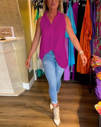 Top froncé sans manches à revers