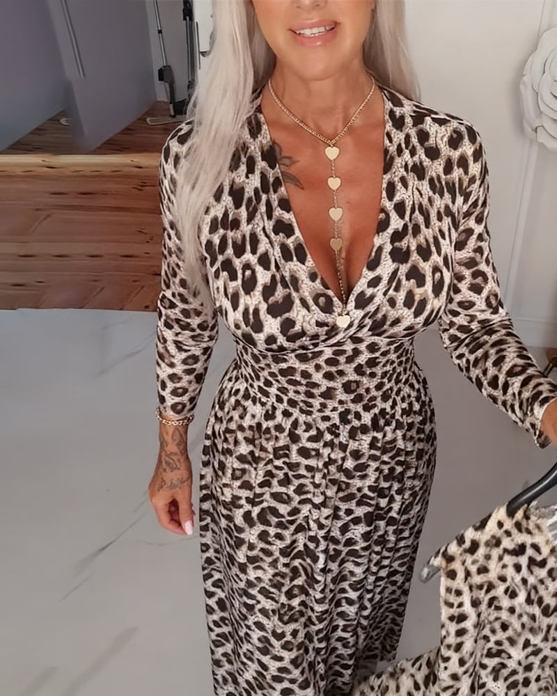 Deep V Leopard Print Waist Dress