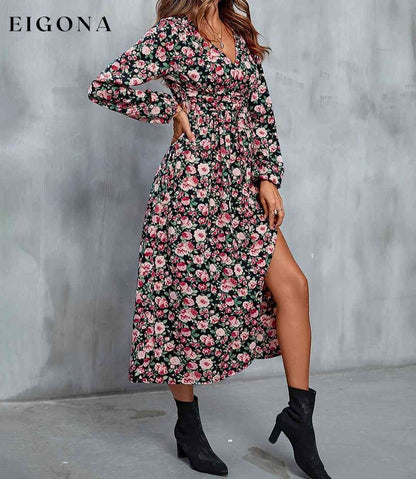 Floral V-Neck Slit Midi Dress clothes Hundredth Ship From Overseas