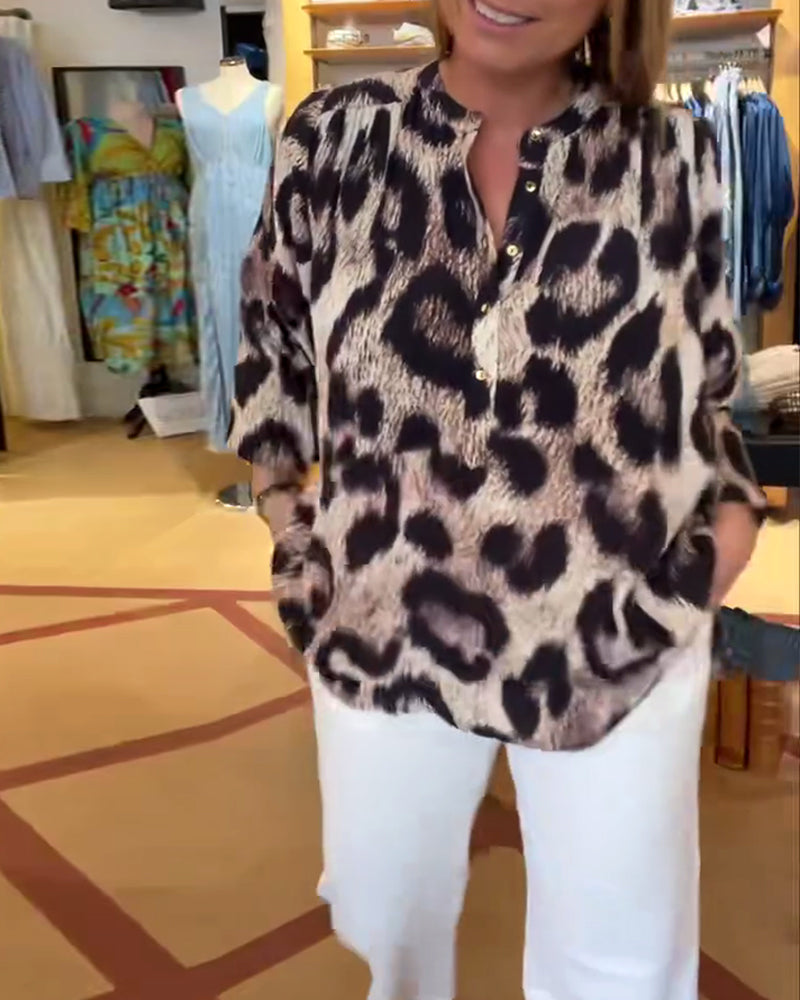 Loose Leopard Print Half Button Blouse