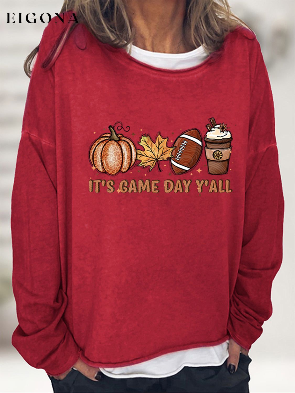 Full Size IT'S GAME DAY Y'ALL Graphic Sweatshirt Brick Red clothes G@L@X long sleeve long sleeve shirt Ship From Overseas Shipping Delay 09/29/2023 - 10/04/2023 Sweater sweaters trend