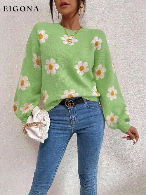 Flower Round Neck Latern Sleeve Sweater Mid Green clothes Ship From Overseas sweater sweaters Sweatshirt X.W