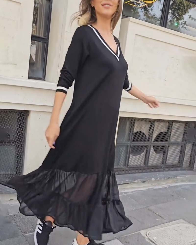 V-Neck Long-Sleeved Mesh Patchwork Dress 2024 f/w dresses