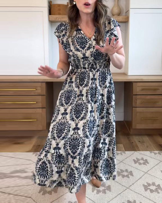 A-Linien-Kleid mit Cashew-Blumen-V-Ausschnitt und Taille