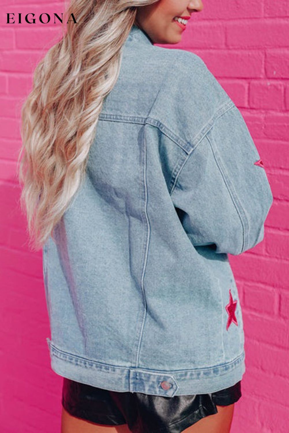 Light Blue Sequin Star Flap Pocket Denim Jacket All In Stock Category Shacket clothes Color Pink Craft Sequin Fabric Denim Occasion Daily Season Fall & Autumn Style Western