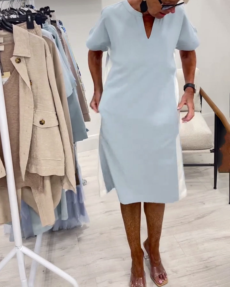 Short-Sleeved Contrast Color Straight Dress