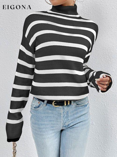 Striped Turtleneck Long Sleeve Sweater Black clothes Ship From Overseas X.X.W