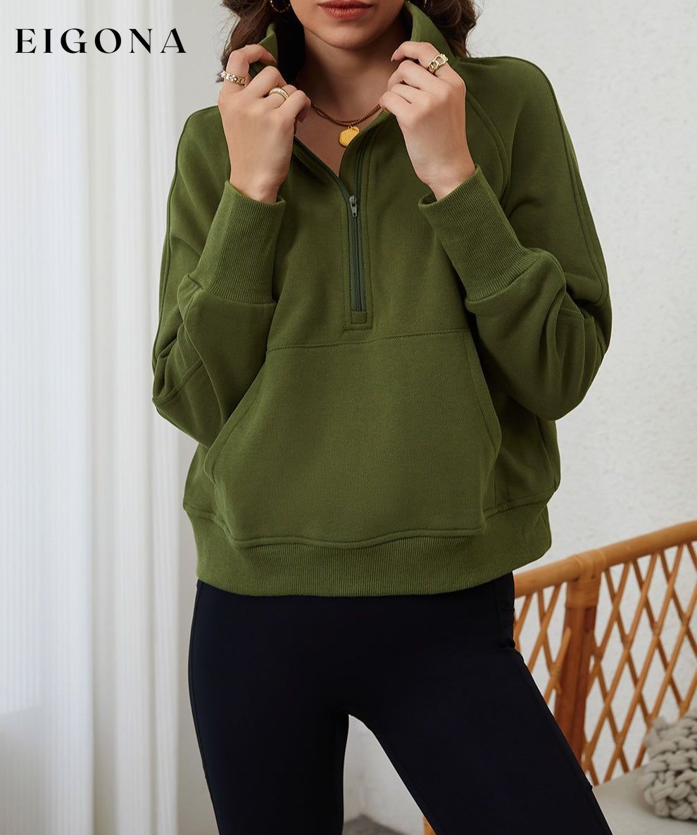 Green Zip Up Stand Collar Ribbed Thumbhole Sleeve Sweatshirt clothes Craft Patchwork Fall To Winter Occasion Daily Outerwear Print Solid Color Season Fall & Autumn Style Casual Sweater sweaters