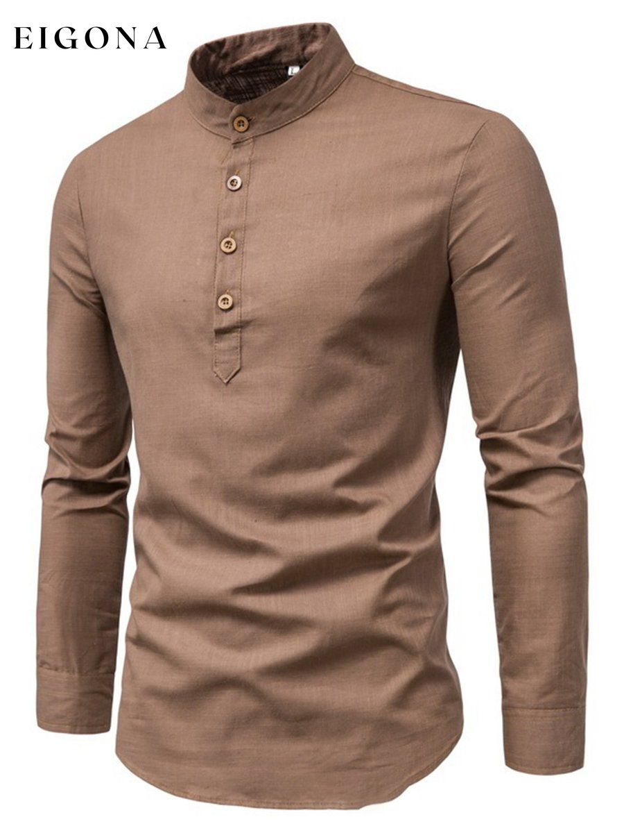 Men's Solid Color Button Stand Collar Long Sleeve Cotton Linen POLO Shirt men s linens