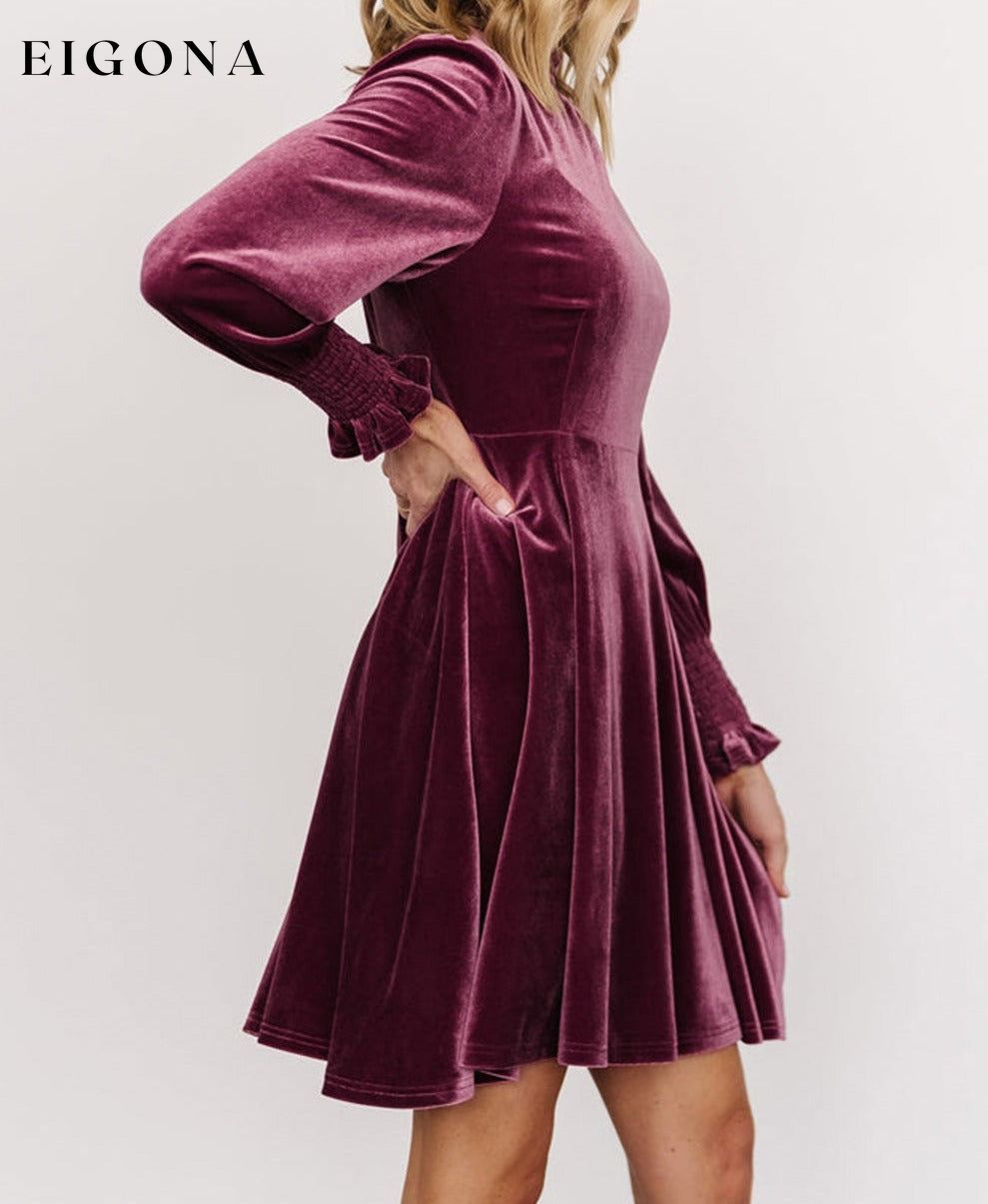 Burgundy Long Sleeve Dress, Smocked High Neck Flounce Sleeve Velvet Dress All In Stock casual dresses clothes Color Pink Day Valentine's Day dress dresses EDM Monthly Recomend Fabric Velvet long sleeve dress long sleeve dresses Occasion Daily Print Solid Color Season Winter short dresses Silhouette A-Line Style Southern Belle