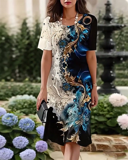 Abito dritto stampato con scollo tondo