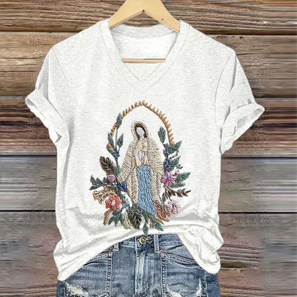 Women's Christian Our Lady Floral Printed V-Neck T-shirt 2024 f/w Faith Lover spring summer t-shirts