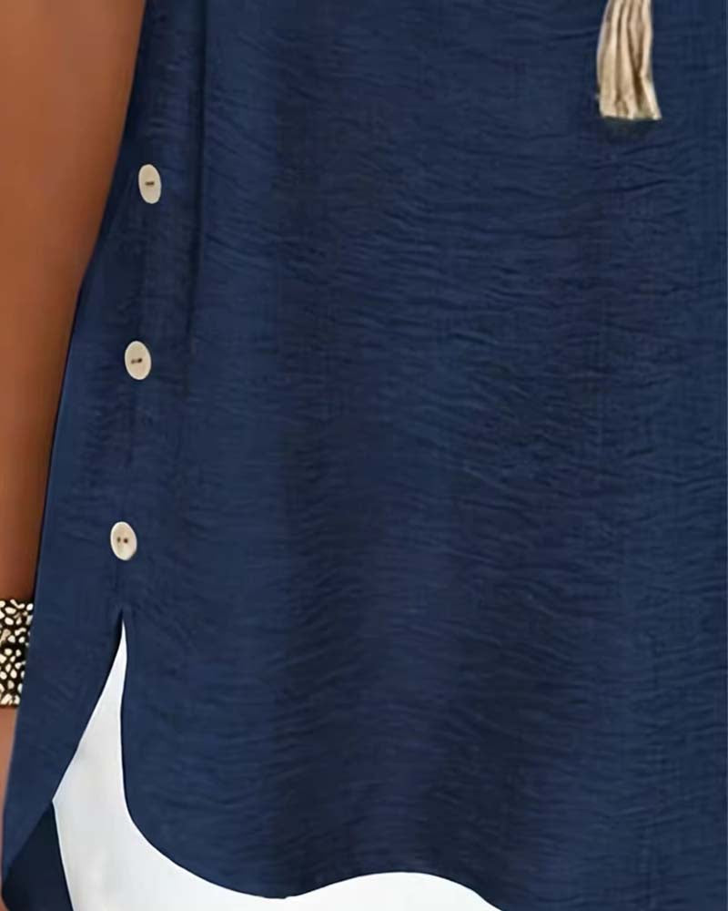 Solid Color Side-Slit Short-Sleeved Blouse