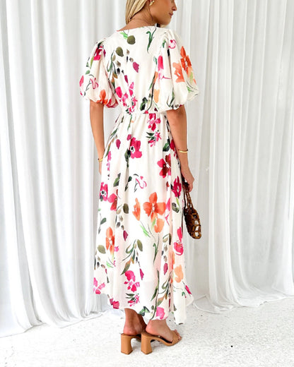 Elegant dress with puff sleeves and floral print casual dresses summer