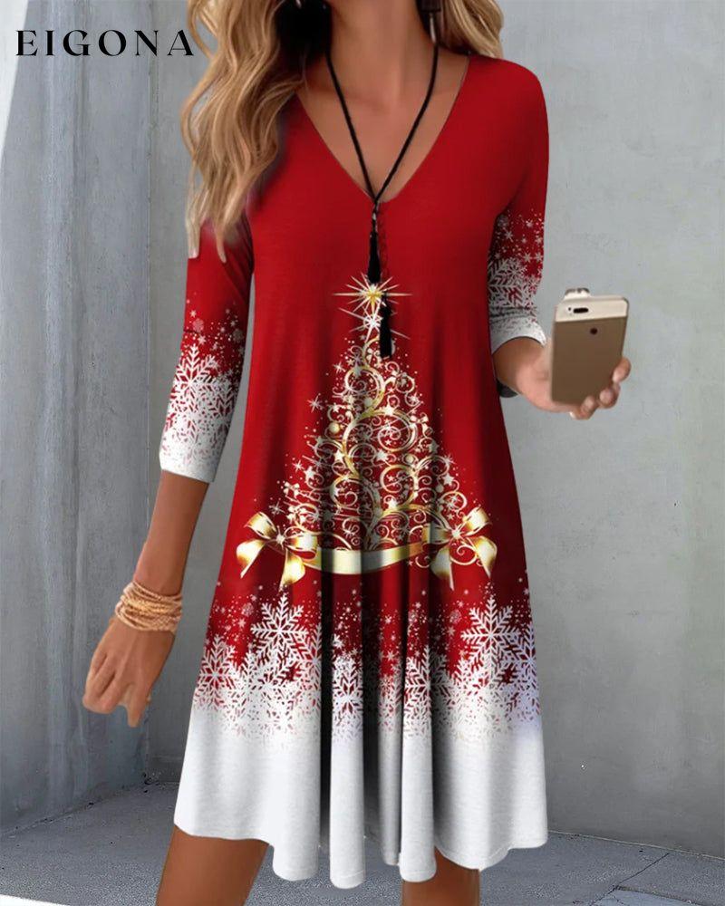 Long-Sleeved Printed V-Neck Knee-Length Dress 23BF casual dresses christmas Clothes Dresses fall winter