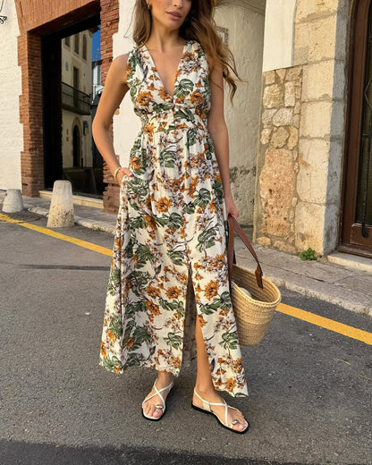 Holiday V-Neck Slit Floral Dress