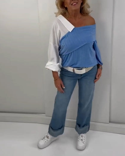 Schulterfreie Bluse mit unregelmäßiger Kontrastfarbe