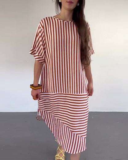 Short-Sleeved Loose-Fitting Striped Dress