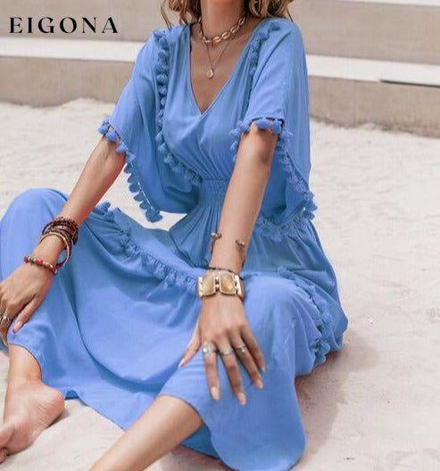 Tassel Trim Smocked V-Neck Short Sleeve Maxi Dress Sky Blue casual dresses clothes dress dresses H.R.Z long sleeve dress maxi dress Ship From Overseas short dress short sleeve short sleeve dress short sleeve dresses