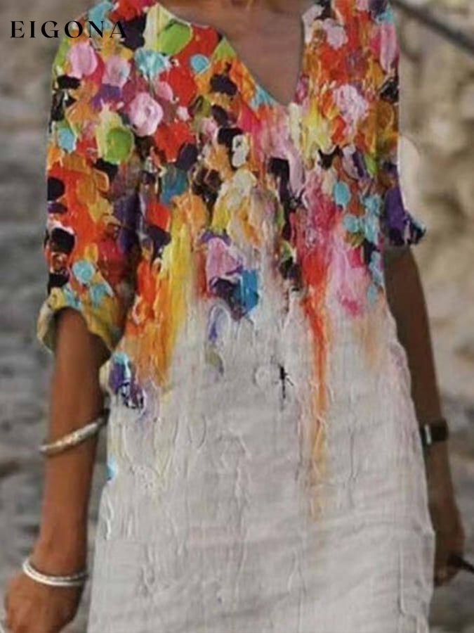 Women's Cotton Linen Oil Painting Print V-Neck Shift Dress cotton linens