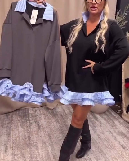 Patchwork-Rüschenkleid mit Revers