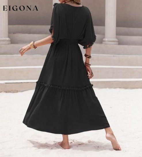 Tassel Trim Smocked V-Neck Short Sleeve Maxi Dress casual dresses clothes dress dresses H.R.Z long sleeve dress maxi dress Ship From Overseas short dress short sleeve short sleeve dress short sleeve dresses