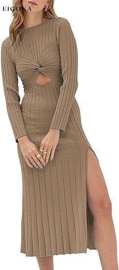 New hollow round neck solid color long sleeve slit knitted ribbed dress Khaki casual dresses clothes dress dresses long dress long sleeve dresses midi dress